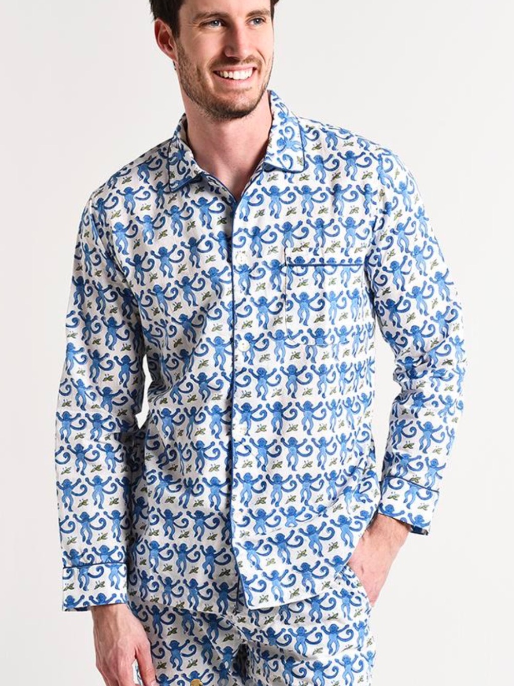 Roller Rabbit XL PJ Monkey Button Up Long Sleeve Shirt Blue Cotton Lounge White